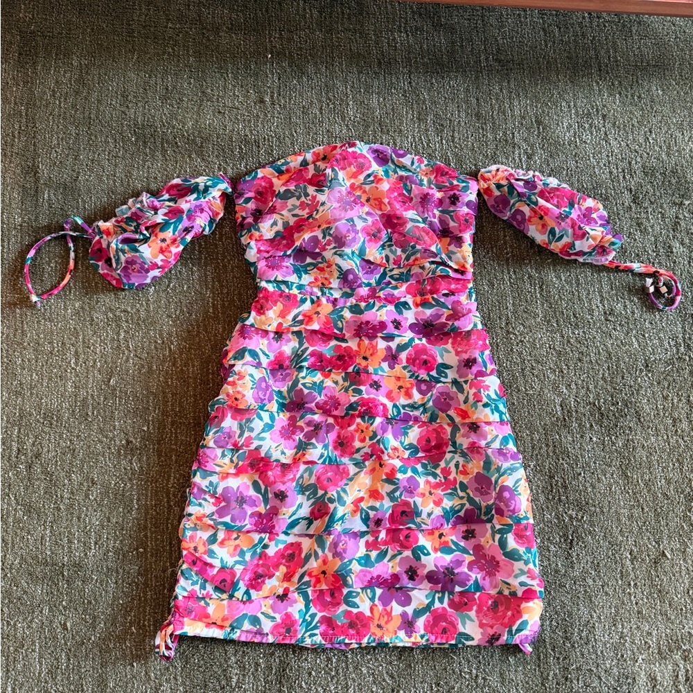 NWT Showpo Floral Off-Shoulder Mini Dress in Pink, Purple and Orange